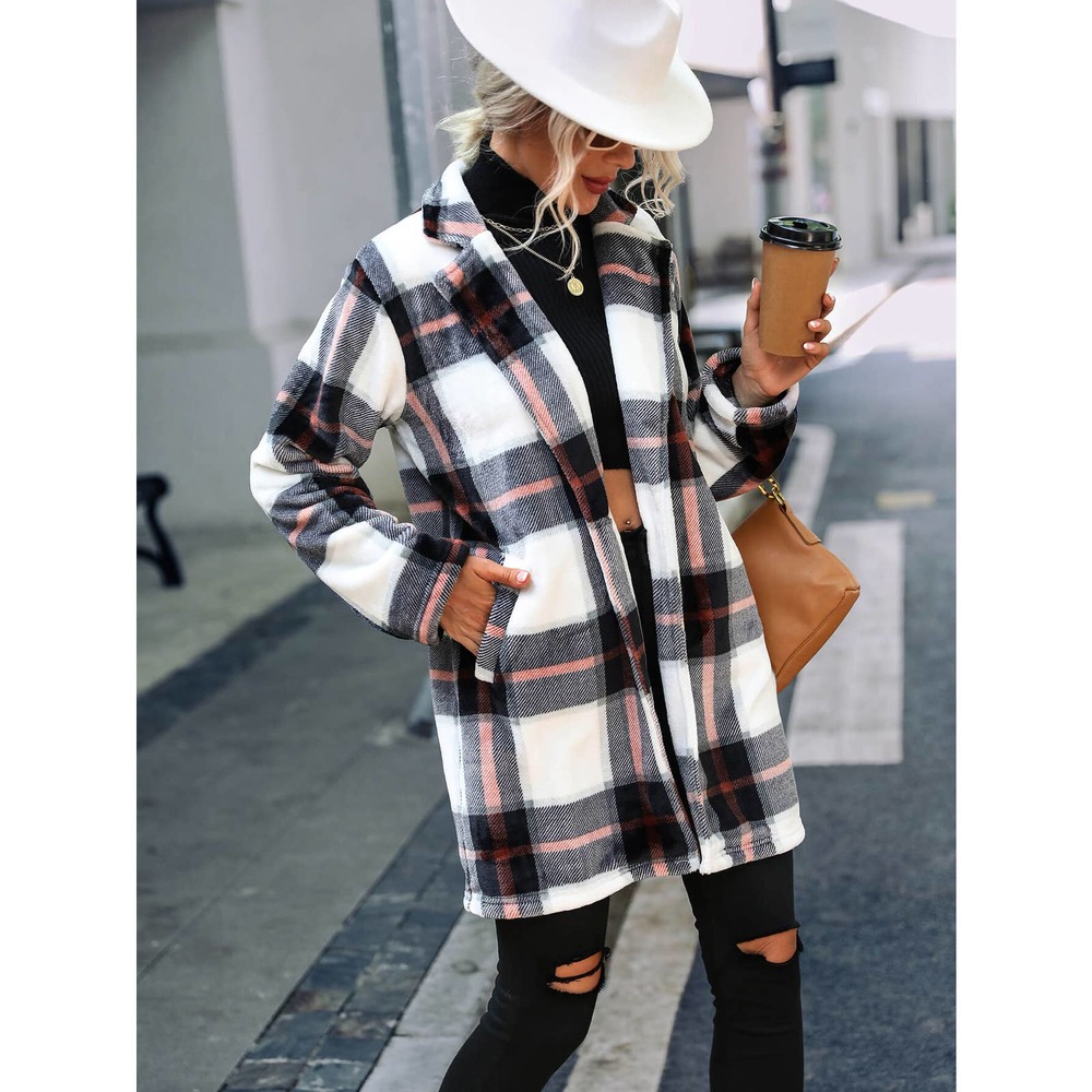 Plaid Lapel Collar Longline Jacket with Pockets